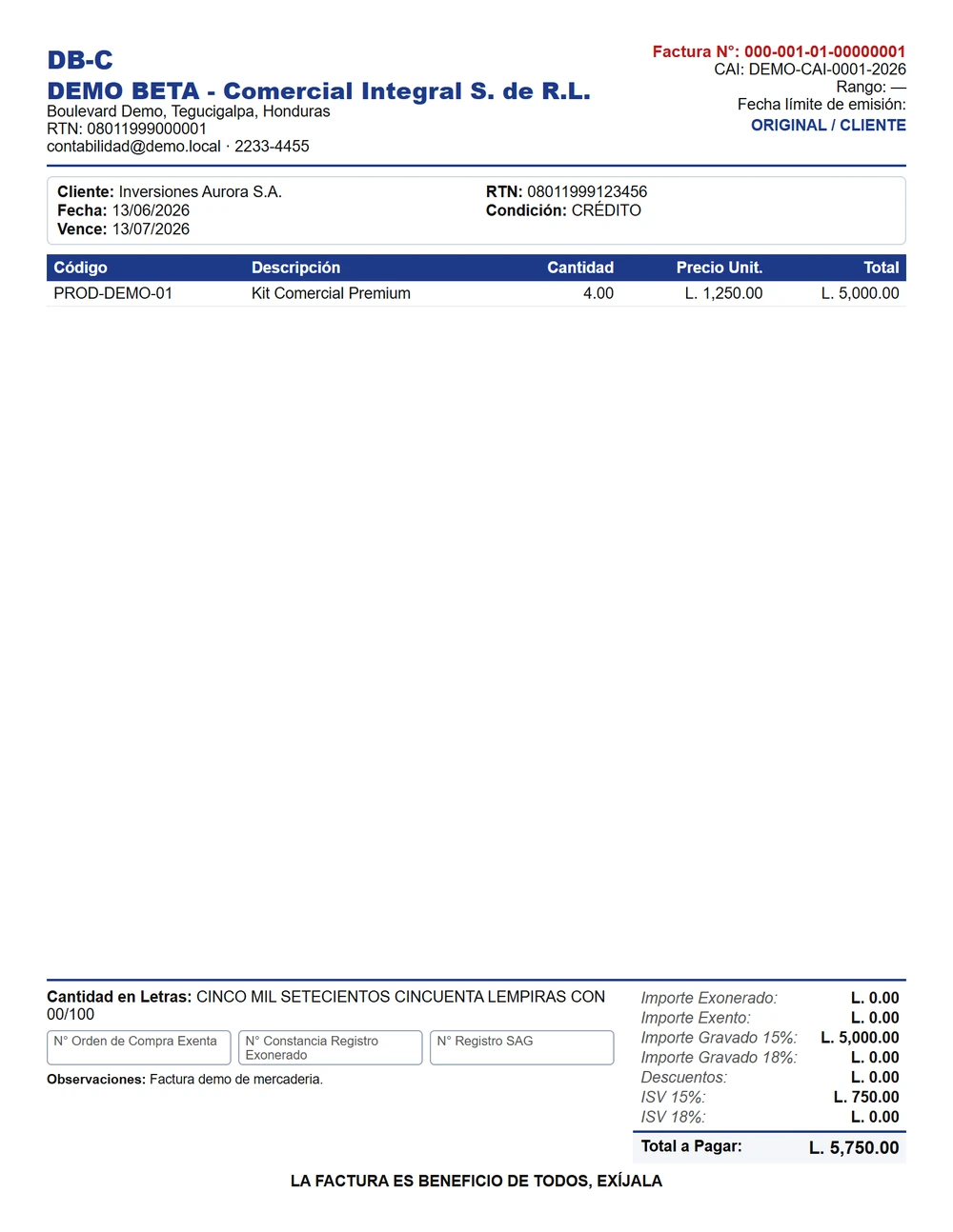 Factura oficial generada por ContaHN: en Lempiras, con CAI, RTN, ISV 15% y la leyenda 'La factura es beneficio de todos, exíjala'.